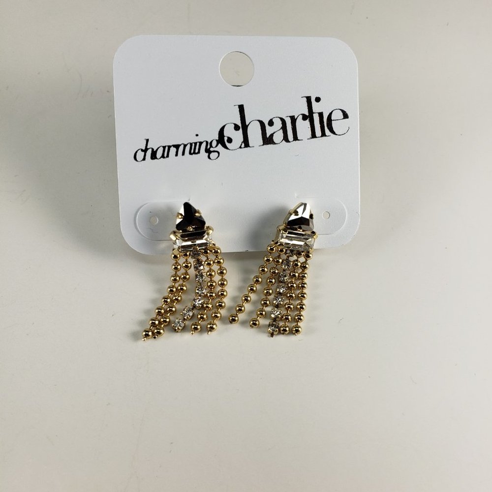 Charming Charlie Polished Gold-tone and Crystal Beaded Fringe Teardrop Earrings - Picture 7 of 9
